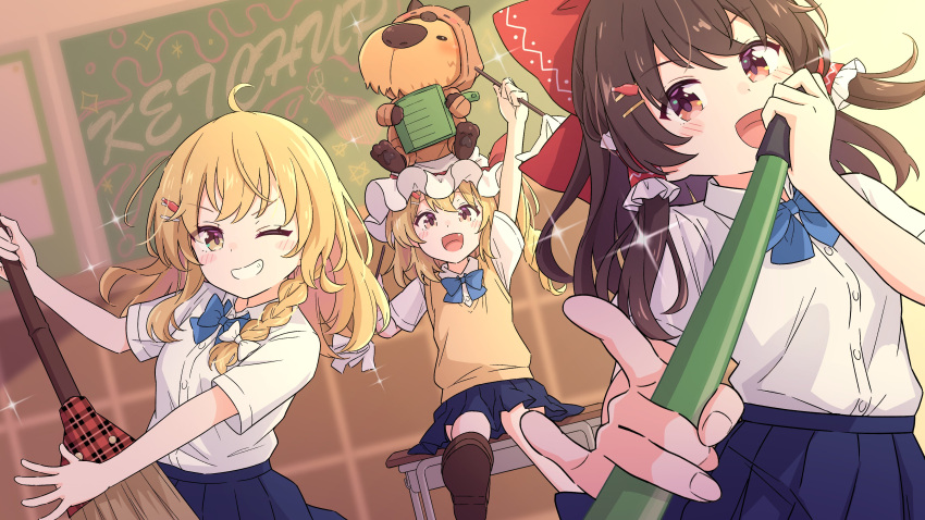 3girls, absurdres, artist_name, blonde_hair, blue_skirt, broom_guitar, brown_eyes, brown_hair, classroom, english_text, flandre_scarlet, hakurei_reimu, highres, jacket, ketchup1205, kirisame_marisa, multiple_girls, music, one_eye_closed, open_mouth, school_uniform, shirt, short_sleeves, singing, skirt, smile, touhou, unconventional_guitar, white_headwear, white_shirt, yellow_jacket