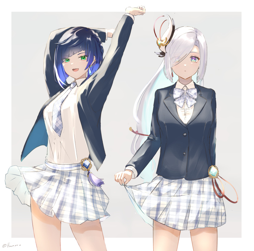 2girls, absurdres, alternate_costume, aqua_nails, arm_behind_back, arms_up, artist_name, bangs, black_hair, black_jacket, blazer, blue_bow, blue_bowtie, blue_eyes, blue_hair, blue_necktie, blue_skirt, border, bow, bowtie, braid, breasts, bright_pupils, buttons, closed_mouth, collared_shirt, commentary_request, cowboy_shot, diagonal_bangs, dress_shirt, earclip, earrings, expressionless, eyelashes, eyes_visible_through_hair, fingernails, fujito_(call_f_), genshin_impact, gradient_eyes, gradient_hair, green_eyes, grey_background, hair_ornament, hair_over_one_eye, highres, jacket, jewelry, lapels, large_breasts, long_hair, long_sleeves, looking_at_viewer, multicolored_eyes, multicolored_hair, multiple_girls, nail_polish, necktie, open_clothes, open_jacket, open_mouth, outside_border, parted_bangs, plaid, plaid_bow, plaid_bowtie, plaid_necktie, plaid_skirt, pleated_skirt, red_ribbon, ribbon, school_uniform, shenhe_(genshin_impact), shirt, shirt_tucked_in, short_hair, sidelocks, simple_background, single_braid, skirt, skirt_hold, smile, standing, swept_bangs, tassel, teeth, twitter_username, violet_eyes, vision_(genshin_impact), white_border, white_pupils, white_shirt, wing_collar, yelan_(genshin_impact)