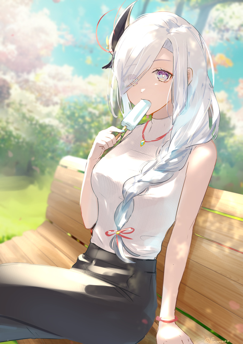 1girl, artist_name, bangs, bare_shoulders, bench, black_pants, blue_eyes, blue_sky, blurry, blurry_background, bracelet, braid, braided_ponytail, breasts, bright_pupils, commentary_request, contemporary, crossed_legs, day, eyelashes, eyes_visible_through_hair, eyeshadow, food, food_in_mouth, fujito_(call_f_), genshin_impact, gradient_eyes, hair_ornament, hair_over_one_eye, hair_over_shoulder, hand_up, highres, holding, holding_food, jewelry, long_hair, looking_at_viewer, makeup, medium_breasts, multicolored_eyes, necklace, on_bench, open_mouth, outdoors, pants, park, park_bench, parted_bangs, popsicle, popsicle_in_mouth, red_eyeshadow, shenhe_(genshin_impact), sidelocks, single_braid, sitting, sky, sleeveless, sleeveless_sweater, sleeveless_turtleneck, solo, sweater, sweater_tucked_in, swept_bangs, tareme, turtleneck, turtleneck_sweater, twitter_username, violet_eyes, white_hair, white_pupils, white_sweater