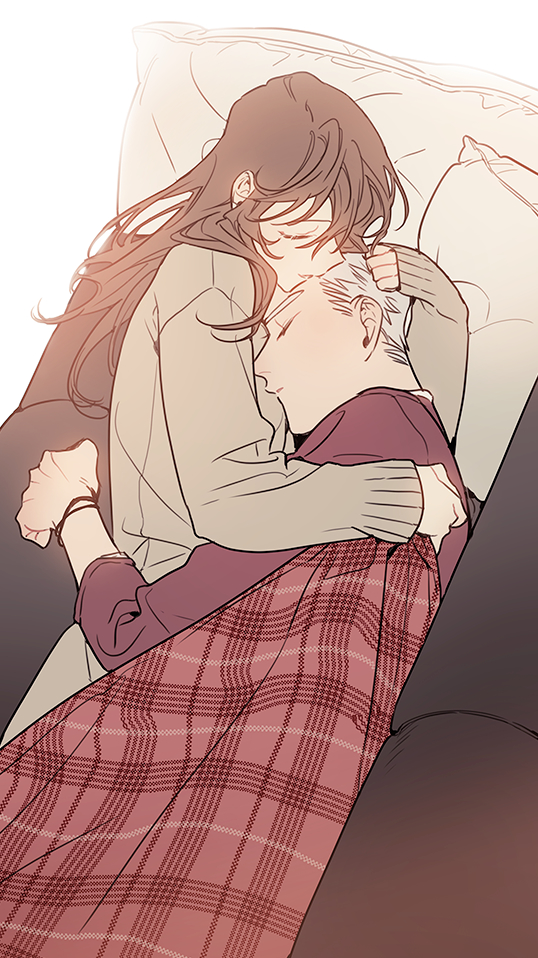 1boy, 1girl, blanket, brown_hair, closed_eyes, couch, couple, cuddling, devil_may_cry_(series), head_on_chest, hetero, honey_dogs, kyrie, kyrie_(devil_may_cry), lying, nero_(devil_may_cry), pillow, simple_background, white_background, white_hair