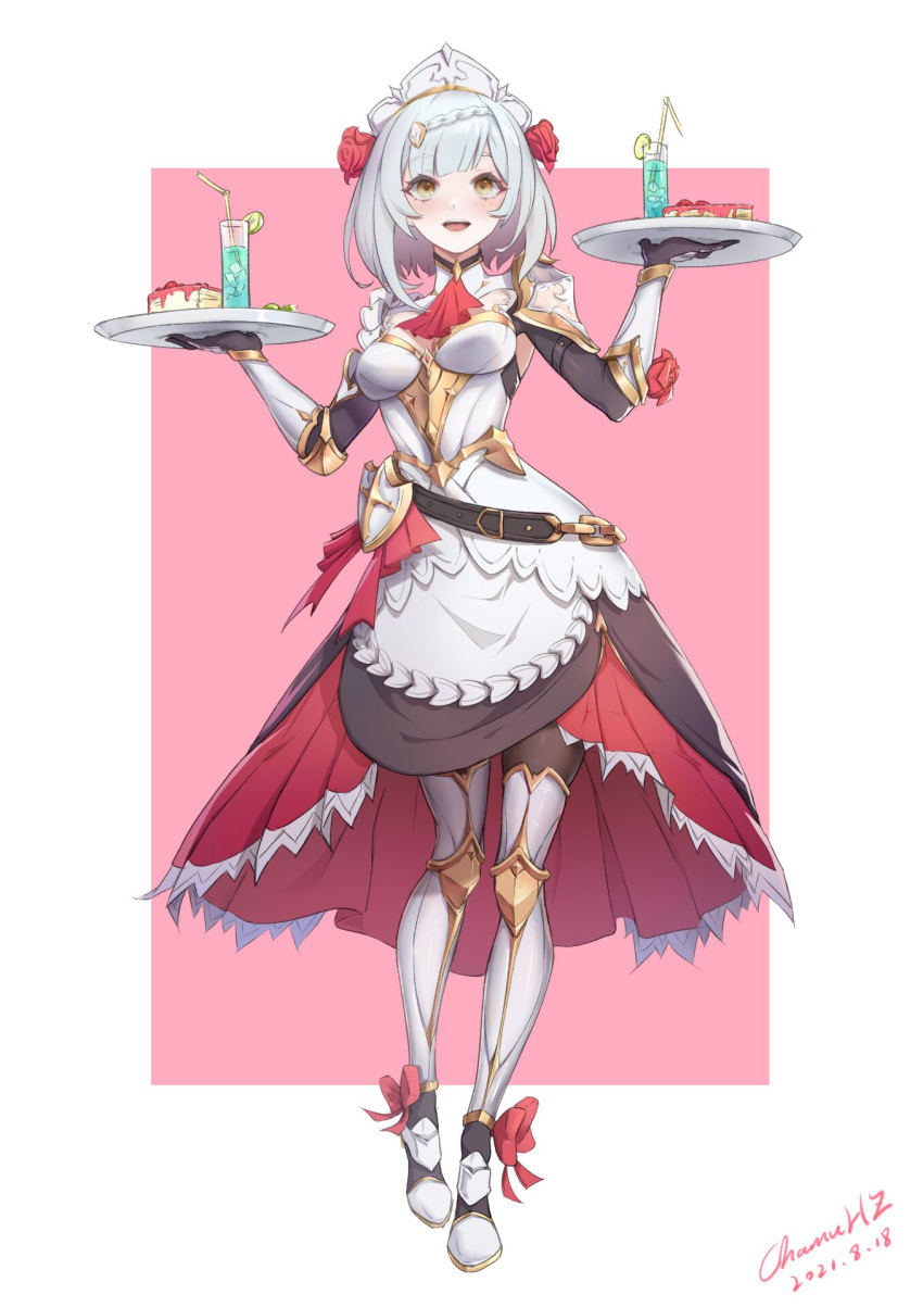 1girl, apron, armor, armored_boots, armored_dress, artist_name, ascot, bangs