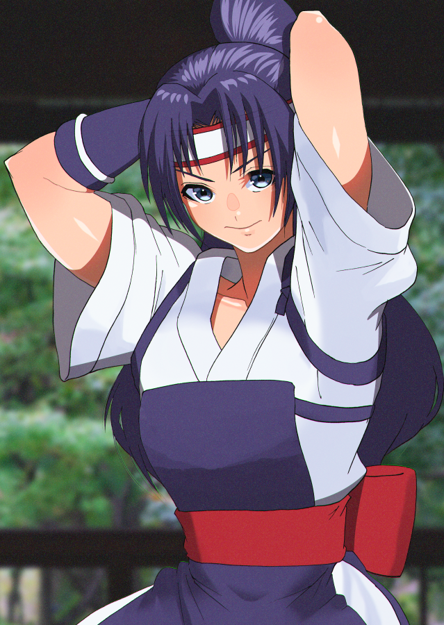 1girl, akisu_k, armguards, arms_up, headband, japanese_clothes, long_hair, ponytail