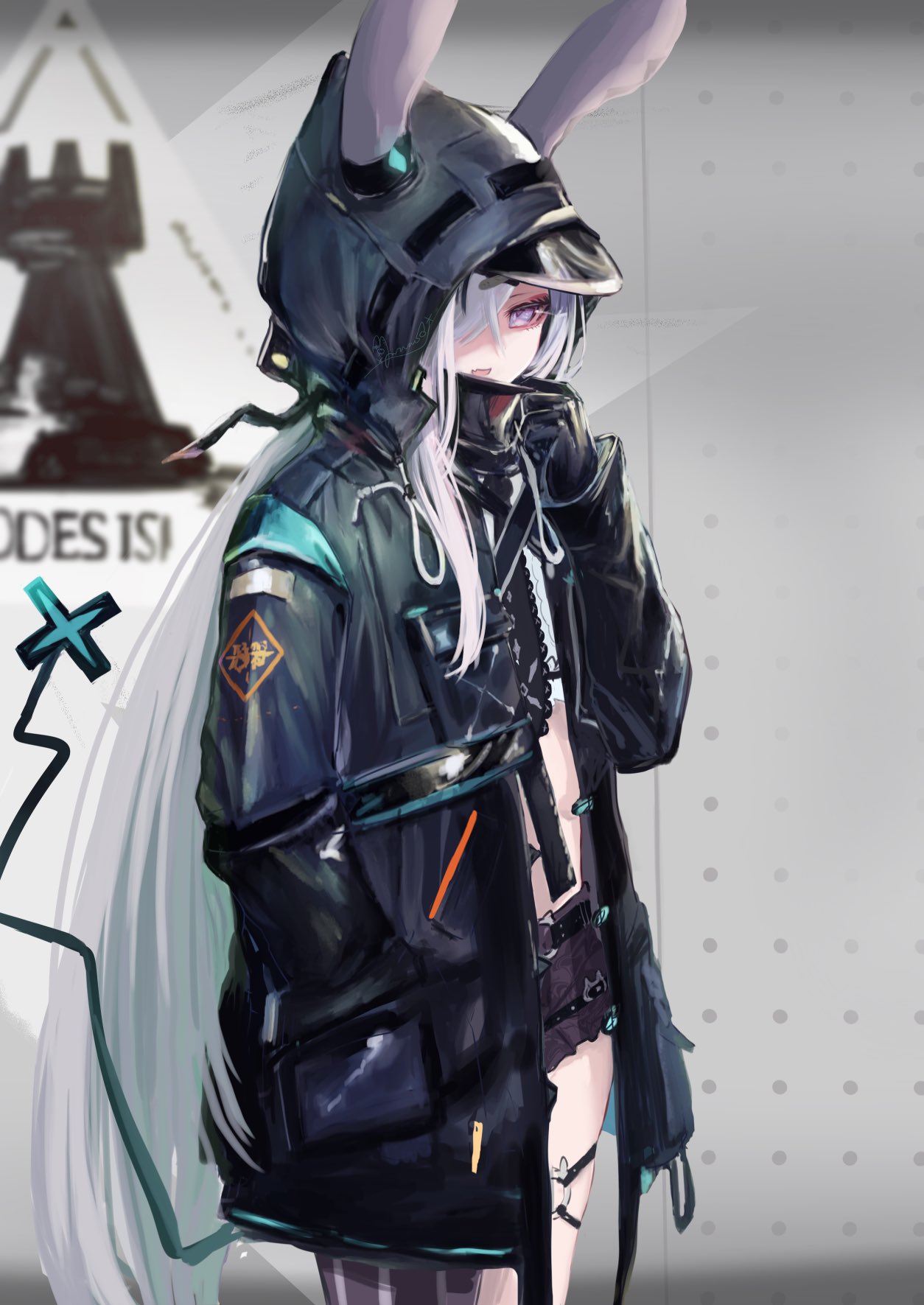 1girl, :d, animal_ears, arknights, black_coat, black_gloves, black_shorts, coat
