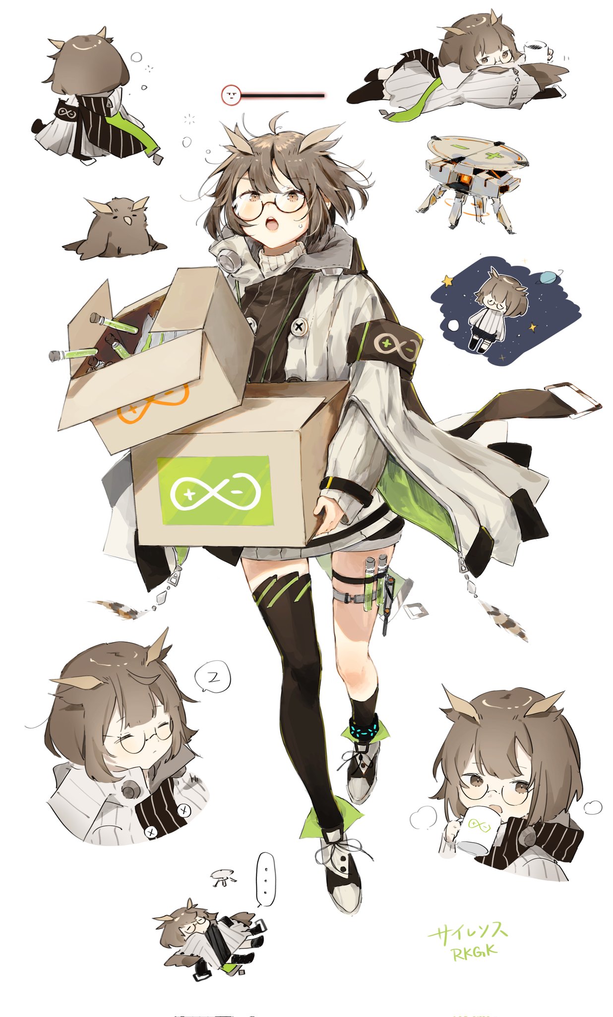 ..., 1girl, ahoge, animalization, arknights, armband, asymmetrical_legwear, black_socks, black_thighhighs, box, brown_eyes, brown_hair, buttons, cardboard_box, character_name, chibi, coat, cup, drinking, drone, feathers, glasses, highres, holding, holding_box, holding_cup, looking_at_viewer, lying, matsutakeneko, multiple_views, on_back, owl_ears, rhine_lab_logo, short_hair, silence_(arknights), silence_(owl)_(arknights), single_sock, single_thighhigh, socks, space, speech_bubble, spoken_ellipsis, thigh-highs, thigh_strap, vial, white_coat