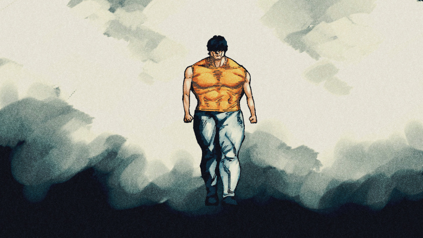 1boy, black_hair, hair_over_eyes, highres, inversion, kick_back_(music_video), male_focus, muscular