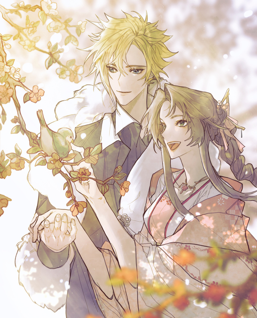 1boy, 1girl, aerith_gainsborough, alternate_costume, bangs, bird, black_shirt, blonde_hair, blue_eyes, blurry, blurry_background, braid, braided_ponytail, breasts, brown_hair, bunny_commission_(com_n_31), cloud_strife, commission, final_fantasy, final_fantasy_vii, final_fantasy_vii_remake, flower, flower_necklace, green_eyes, hair_between_eyes, hair_ornament, highres, holding_hands, japanese_clothes, kimono, long_hair, medium_breasts, open_mouth, outdoors, parted_bangs, pink_kimono, shirt, short_hair, sidelocks, smile, spiky_hair, upper_body, wide_sleeves
