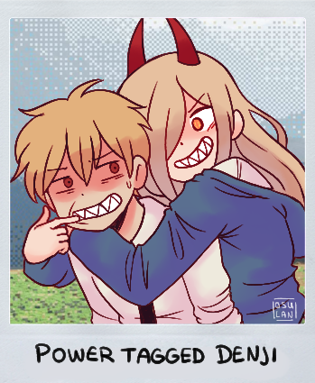 1boy, 1girl, black_necktie, blonde_hair, blue_hoodie, chainsaw_man, collared_shirt, denji_(chainsaw_man)