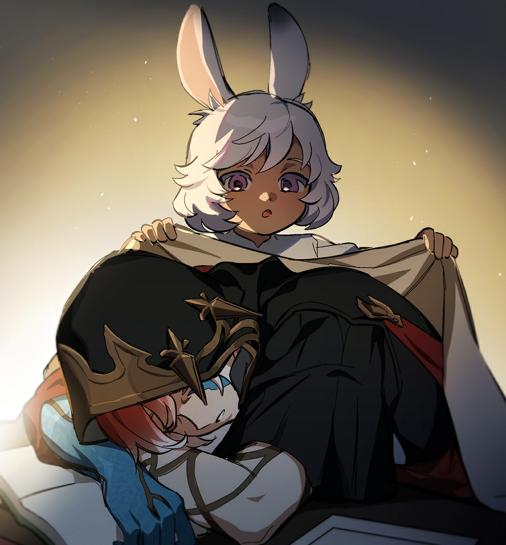 1boy, 1girl, :o, aged_down, animal_ears, bangs, blanket, book, chinese_commentary, closed_eyes, commentary_request, covering_with_blanket, crystal, crystal_exarch, crystallization, facial_mark, female_child, final_fantasy, final_fantasy_xiv, from_side, g'raha_tia, gradient, gradient_background, head_on_arm, holding, holding_blanket, hood, hood_up, hooded_robe, looking_at_another, lyna_(ff14), miqo'te, multicolored_hair, open_book, open_mouth, parted_lips, rabbit_ears, redhead, robe, short_hair, sleeping, table, two-tone_hair, upper_body, viera, violet_eyes, white_hair, wuliu_heihuo, yellow_background