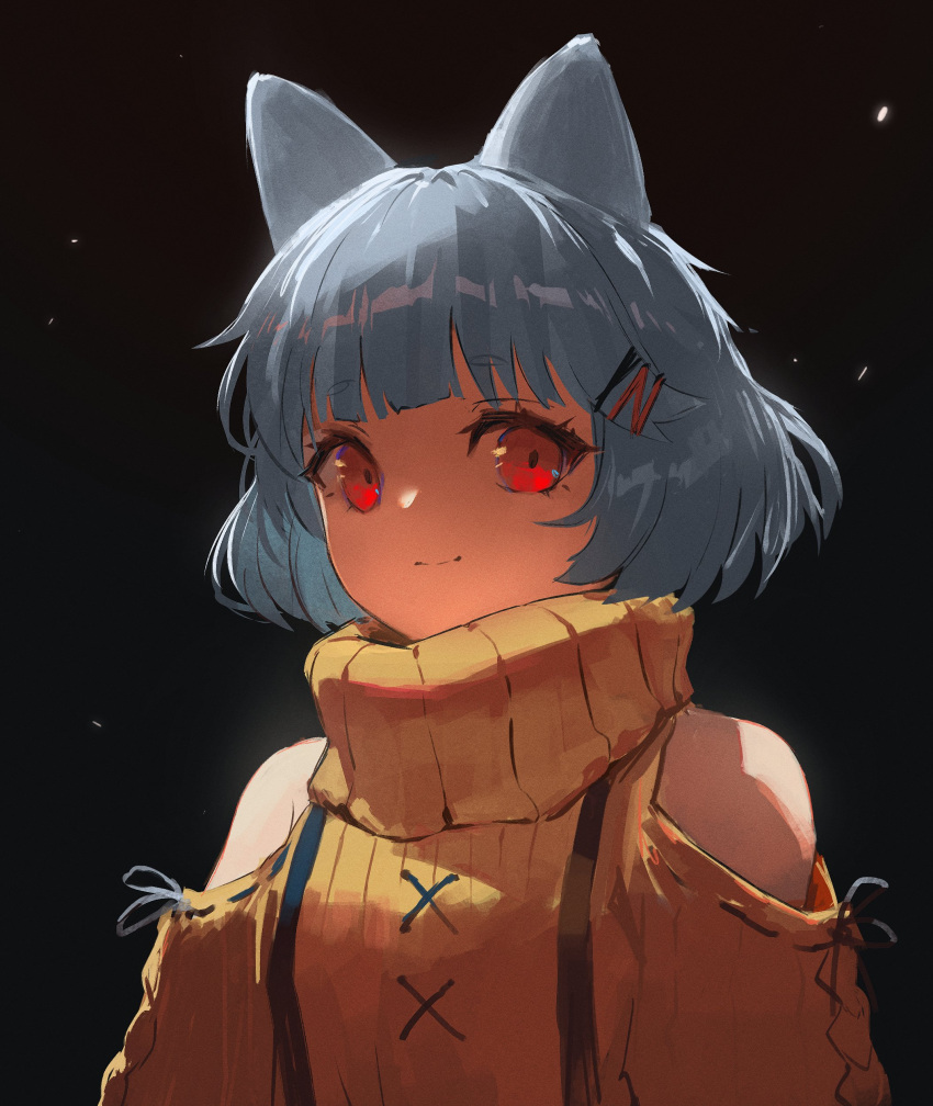 1girl, absurdres, animal_ears, bangs, bare_shoulders, black_background, blue_hair, blunt_bangs, bob_cut, borrowed_character, cat_ears, close-up, closed_mouth, clothing_cutout, commentary, dark_background, hair_ornament, hairclip, highres, hikimayu, light_smile, looking_at_viewer, neqo_(character), original, portrait, red_eyes, ribbed_sweater, shaded_face, short_eyebrows, short_hair, shoulder_cutout, simple_background, skirt, solo, suspender_skirt, suspenders, sweater, symbol-only_commentary, thick_eyebrows, turtleneck, turtleneck_sweater, upper_body, vertigris, yellow_sweater