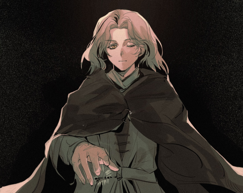 1girl, black_background, brown_cloak, brown_hair, cloak, elden_ring, expressionless, film_grain, green_shirt, highres, huangmen33ji, long_sleeves, looking_at_viewer, melina_(elden_ring), one_eye_closed, reaching_towards_viewer, shirt, short_hair, solo, upper_body, wavy_hair, yellow_eyes