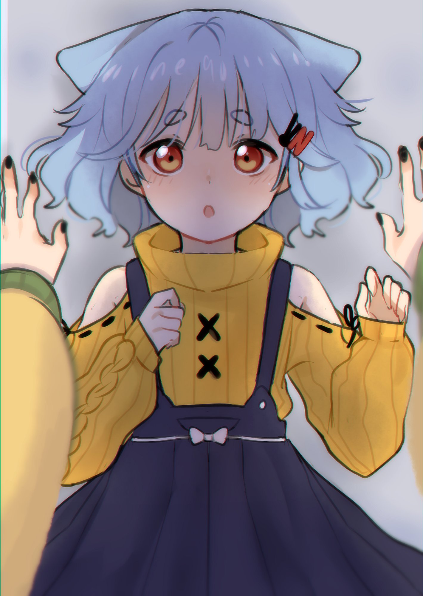 1girl, :o, animal_ears, bangs, bare_shoulders, black_nails, blue_hair, blush