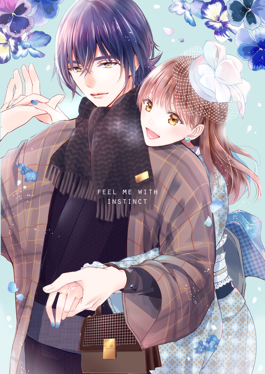1boy, 1girl, bag, bangs, black_hakama, black_scarf, blue_bow, blue_flower
