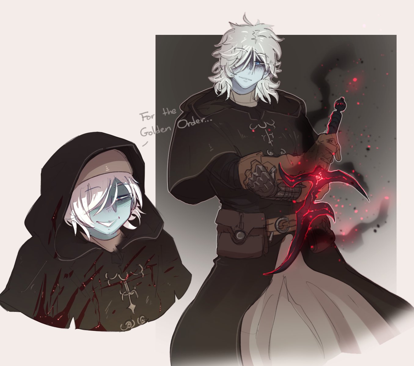 1boy, belt, belt_pouch, blood, blood_on_clothes, blue_skin, borrowed_character, capelet, close-up, colored_skin, confessor_(elden_ring), cowboy_shot, dagger, elden_ring, embers, english_commentary, english_text, gloves, glowing, glowing_weapon, hair_over_one_eye, holding, holding_dagger, holding_weapon, hood, hooded_capelet, justrube, knife, looking_at_viewer, medium_hair, messy_hair, multiple_views, original, pouch, smile, smoke, tarnished_(elden_ring), weapon, white_hair