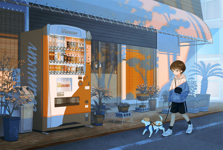 1boy, animal, brown_hair, building, can, child, day, dog