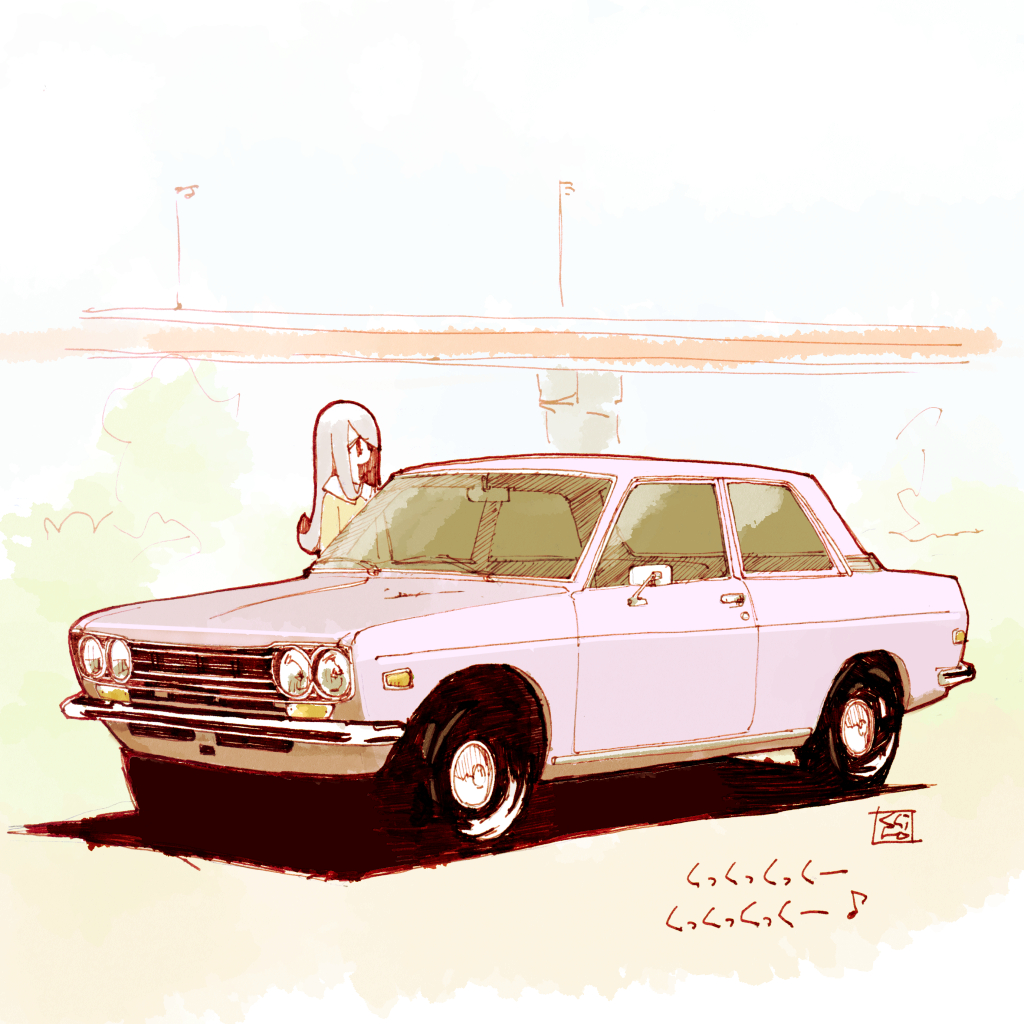 1girl, bangs, bridge, brown_shirt, car, grey_hair, ground_vehicle, hair_over_one_eye