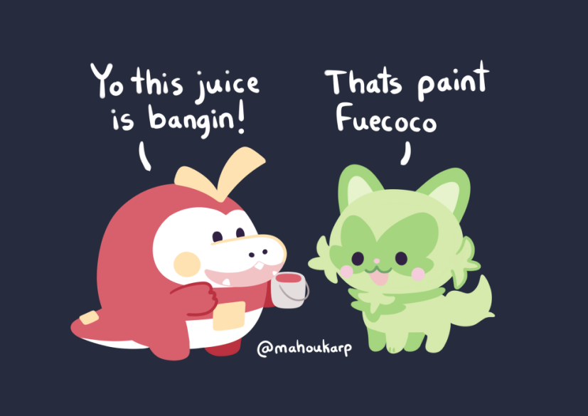 :3, blush_stickers, cat, commentary, crocodile, crocodilian, english_text, fuecoco, full_body, green_cat, grey_background, mahoukarp, meme, no_humans, oh_shit_this_juice_is_bangin_yo_(meme), open_mouth, paint_can, pokemon, pokemon_(creature), smile, sprigatito