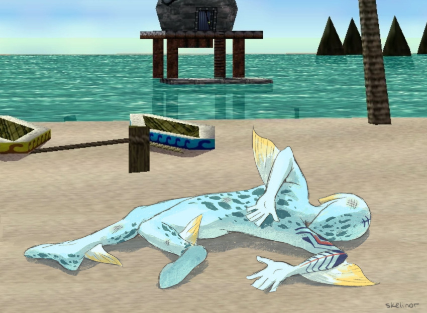 1boy, beach, boat, family_guy_death_pose_(meme), fins, game_screenshot, highres, lying, meme, mikau, on_side, procreate_(medium), skelinor, the_legend_of_zelda, the_legend_of_zelda:_ocarina_of_time, watercraft, zora