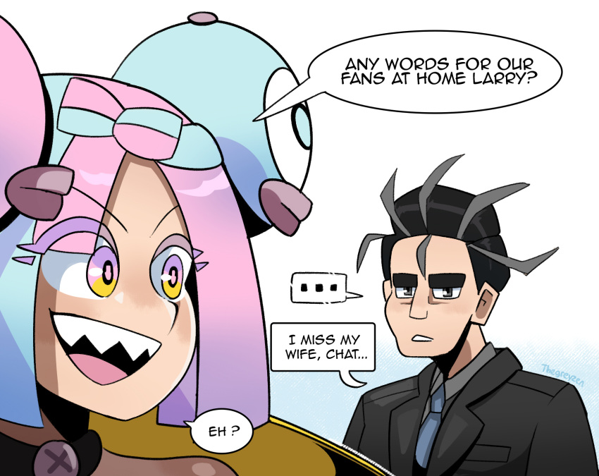1boy, 1girl, black_suit, blue_hair, blue_necktie, comedy, depressed, english_text