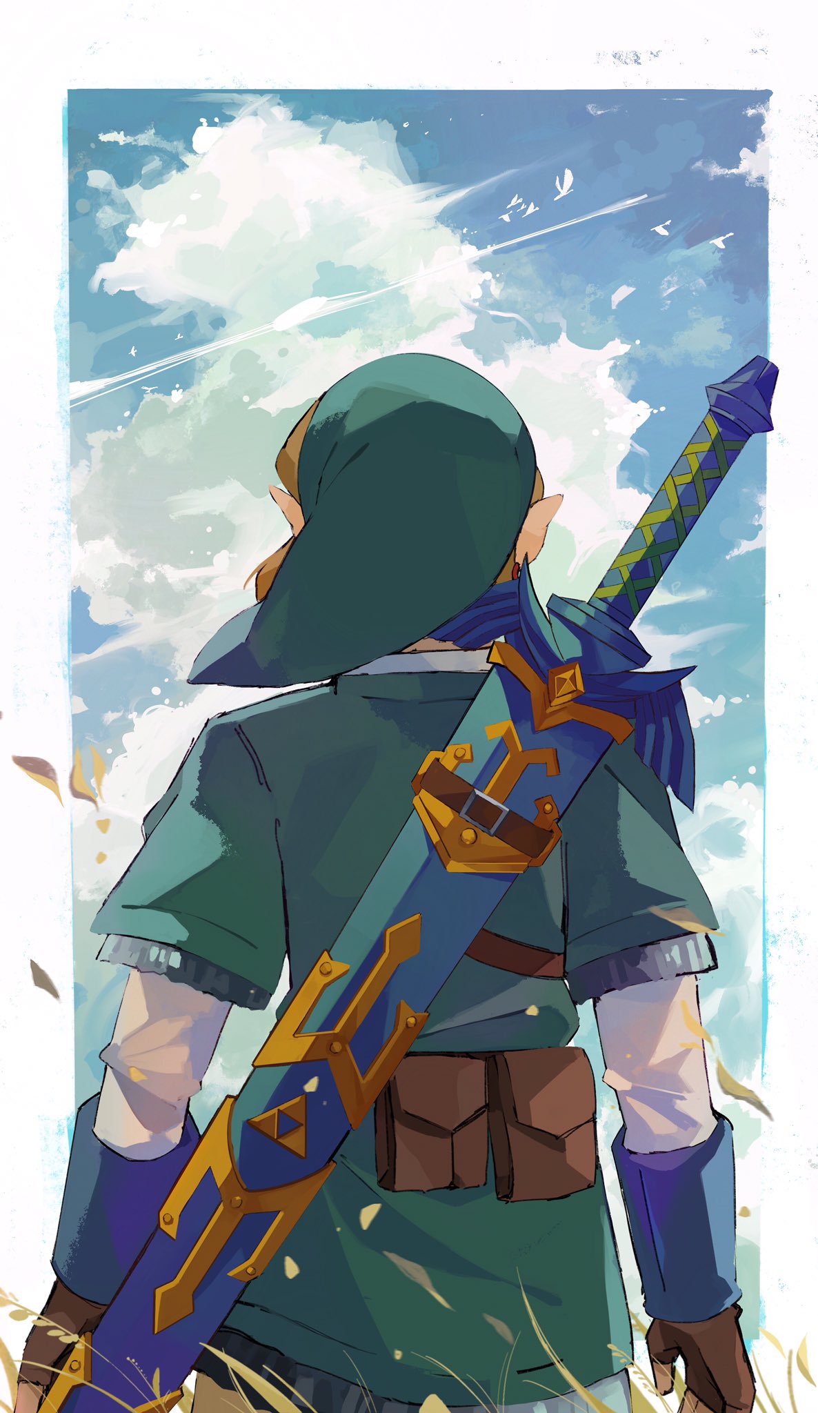 1boy, armor, blonde_hair, border, brown_gloves, chainmail, clouds, cloudy_sky