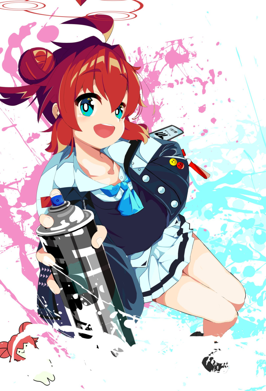 ahoge, bangs, blue_archive, blue_eyes, blue_necktie, blue_sweater_vest, collarbone, double_bun, exa1018, full_body, hair_bun, halo, highres, holding, hood, hooded_jacket, id_card, jacket, light_blush, maki_(blue_archive), nazomaki_(blue_archive), necktie, paint_splatter, pleated_skirt, redhead, shirt, shoes, short_hair, sidelocks, skirt, smile, smiley_face, sneakers, spray_can, spray_paint, sweater_vest, teeth, upper_teeth, white_shirt
