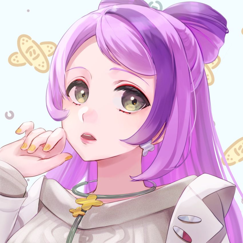 1girl, bangs, coat, commentary_request, earrings, eyelashes, eyeshadow, green_eyes