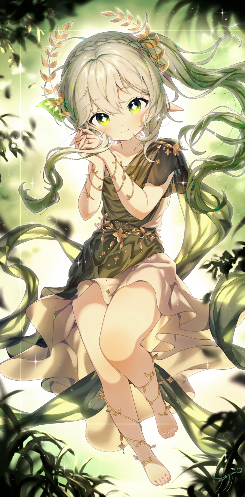 1girl, absurdres, barefoot, dress, elf, genshin_impact, green_dress, green_eyes, highres, ice_s_s_z, loli, nahida_(genshin_impact), pointy_ears, priestess, que, side_ponytail, white_hair
