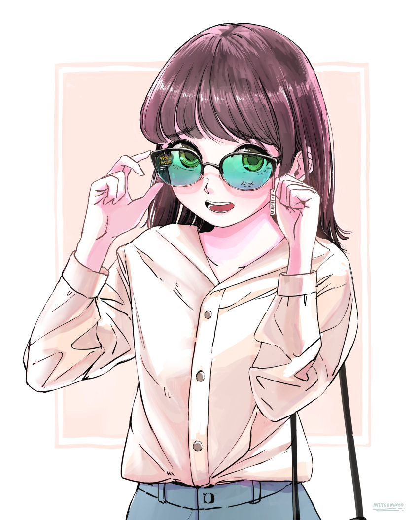 1girl, absurdres, adjusting_eyewear, bag, bangs, barcode, black-framed_eyewear, black_bag