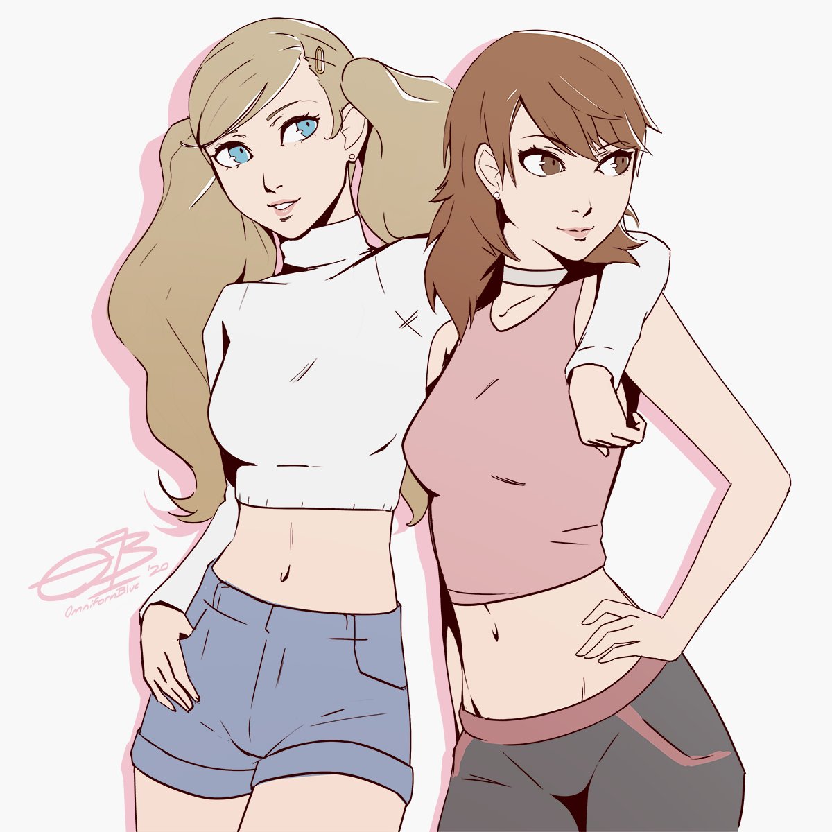 blonde_hair, blue_eyes, brown_eyes, brown_hair, choker, crop_top, earrings, hand_on_hip