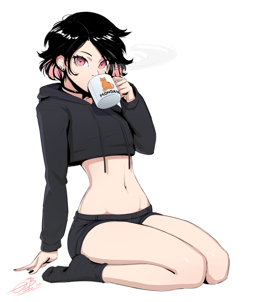 black_choker, black_hair, black_hoodie, black_shorts, black_socks, blackberry-peach_(omniformblue), choker, crop_top, cropped_hoodie, cup, drinking_glass, earrings, highres, holding, holding_cup, hood, hoodie, jewelry, midriff, navel, omniformblue, original, pink_eyes, pink_hair, seiza, short_hair, shorts, sitting, socks