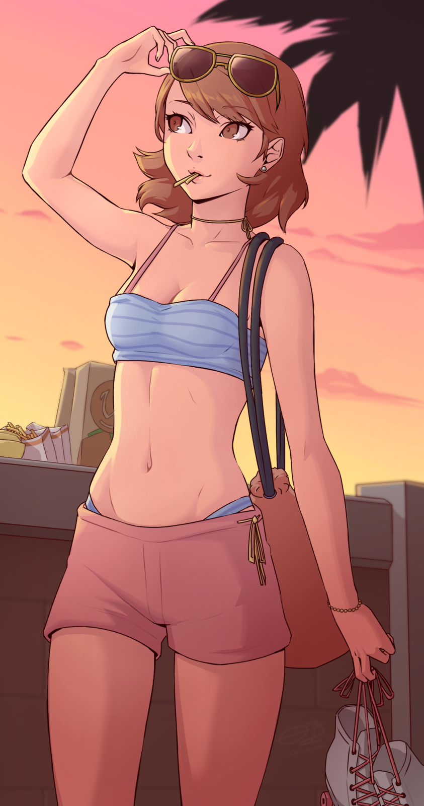 bag, bikini, brown_eyes, brown_hair, earrings, eyewear_on_head, highres, jewelry, lips, midriff, navel, omniformblue, persona, persona_3, pink_lips, roller_skates, short_hair, shorts, shoulder_bag, skates, sunglasses, swimsuit, takeba_yukari