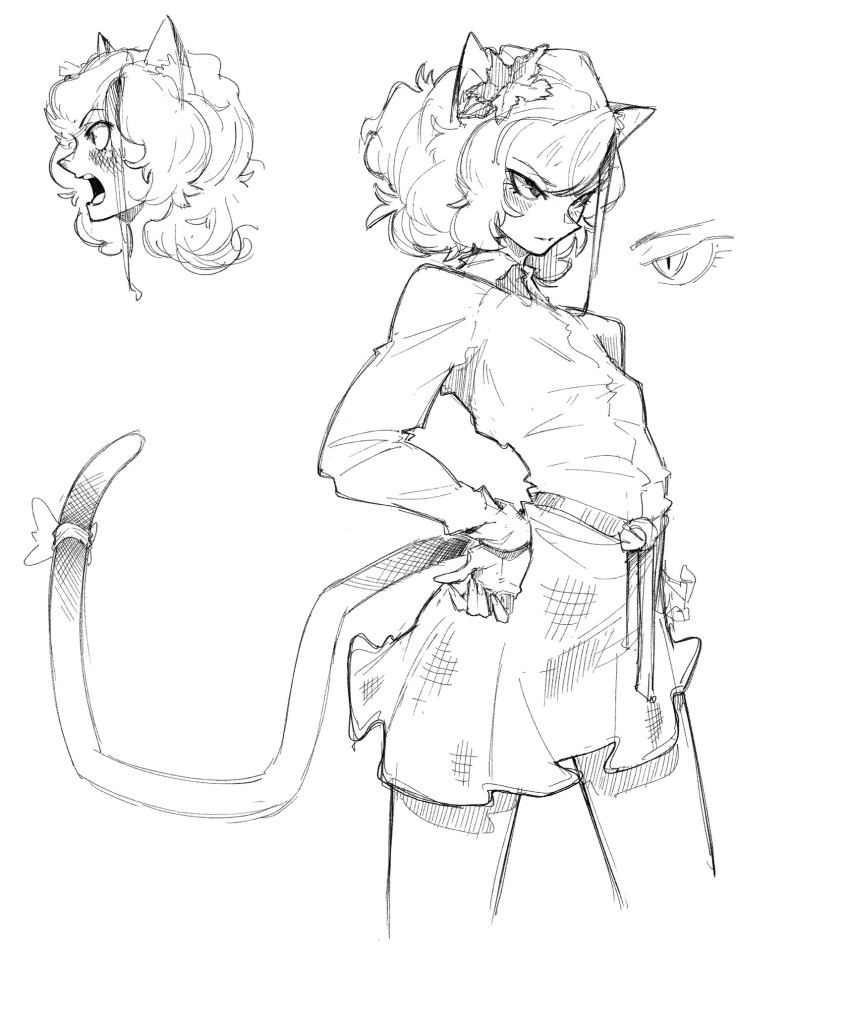 1girl, aeyga, animal_ears, belt, cat_ears, cat_girl, cat_tail, frown