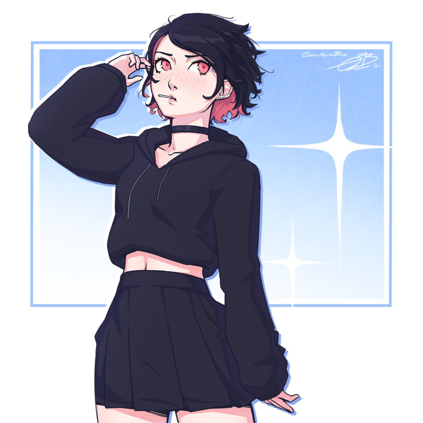 black_choker, black_hair, black_hoodie, blackberry-peach_(omniformblue), candy, char, choker, earrings