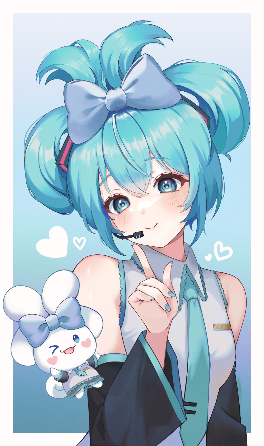 >_o, 1girl, :3, :d, absurdres, aqua_background, aqua_eyes, aqua_hair, aqua_nails, aqua_necktie, bangs, bare_shoulders, black_sleeves, blue_bow, blush, blush_stickers, border, bow, cinnamiku, cinnamoroll, closed_mouth, collared_shirt, commentary, detached_sleeves, doongdang, ear_bow, eyelashes, fingernails, gradient, gradient_background, hair_between_eyes, hair_bow, hatsune_miku, headset, heart, heart_blush_stickers, highres, long_hair, long_sleeves, looking_at_viewer, microphone, nail_polish, necktie, official_alternate_hairstyle, one_eye_closed, open_mouth, outside_border, rabbit, sanrio, shirt, sidelocks, sleeveless, sleeveless_shirt, smile, tie_clip, tied_ears, updo, upper_body, vocaloid, white_border, white_shirt, wide_sleeves, wing_collar