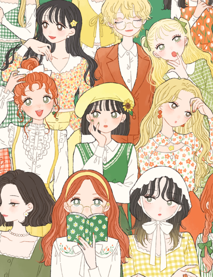 6+girls, apron, bangs, bead_necklace, beads, belt, beret, black_hair