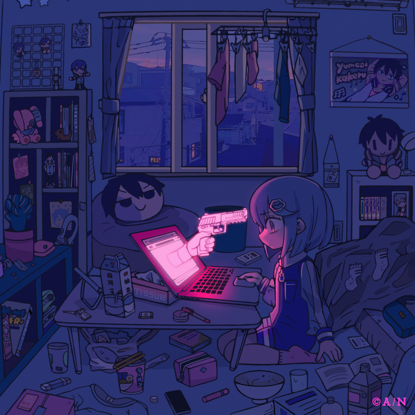 1girl, album_cover, bag, bangs, bed, bedroom, black_hair, blanket, blue_eyes, blue_hair, blue_jacket, blue_shorts, bob_cut, book, bookshelf, bottle, bottle_cap, bowl, cellphone, character_doll, charm_(object), chibi, chopsticks, cityscape, clothesline, commentary, computer, copyright, cover, cup, cup_noodle, curtains, dark, disembodied_limb, drying, drying_clothes, expressionless, figure, glowing, gun, gun_to_head, hair_ornament, handbag, handgun, highres, holding, holding_gun, holding_weapon, house, indoors, jacket, jewelry, jewelry_removed, jitome, key, lamp, laptop, letterman_jacket, looking_ahead, messy_room, milk_carton, multicolored_clothes, multicolored_jacket, necklace, necklace_removed, night, on_ground, open_window, original, pen, pencil_case, phone, picture_(object), pink_socks, plant, plastic_bag, plastic_bottle, poster_(object), potted_plant, power_lines, raglan_sleeves, screen_light, seiza, shirt_removed, short_hair, shorts, sitting, smartphone, smile, socks, socks_removed, solo, stuffed_animal, stuffed_bunny, stuffed_toy, table, terada_tera, through_screen, tissue_box, trash_can, trigger_discipline, two-tone_jacket, underlighting, utility_pole, very_short_hair, watch, watch, weapon, white_jacket, white_socks, window, yumeoi_kakeru, zipper
