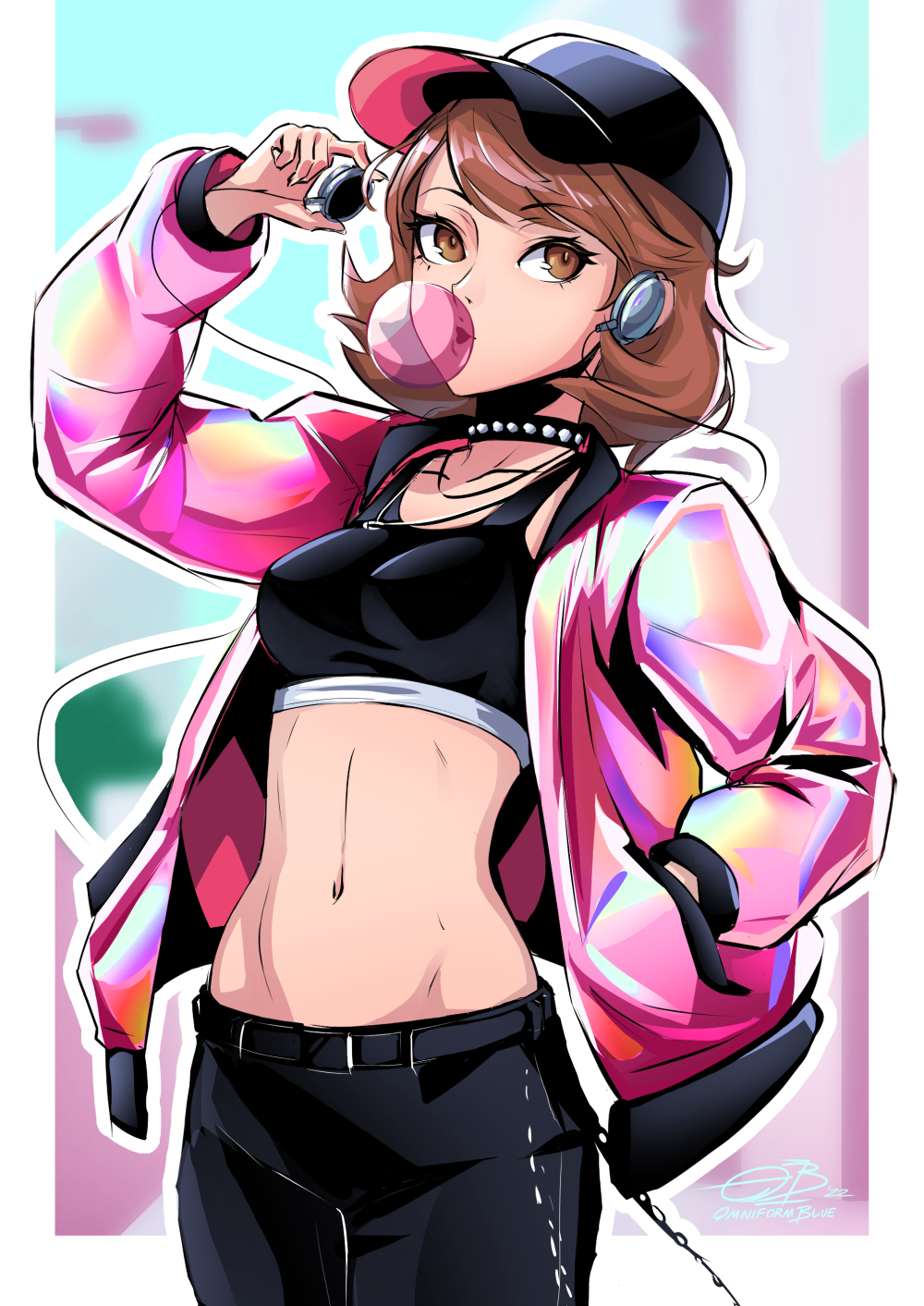 belt, black_choker, black_pants, brown_eyes, brown_hair, bubble_blowing, choker, crop_top