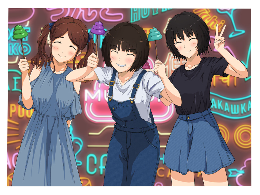 3girls, absurdres, amagami, arm_behind_back, bangs, black_shirt, blue_dress, blue_overalls