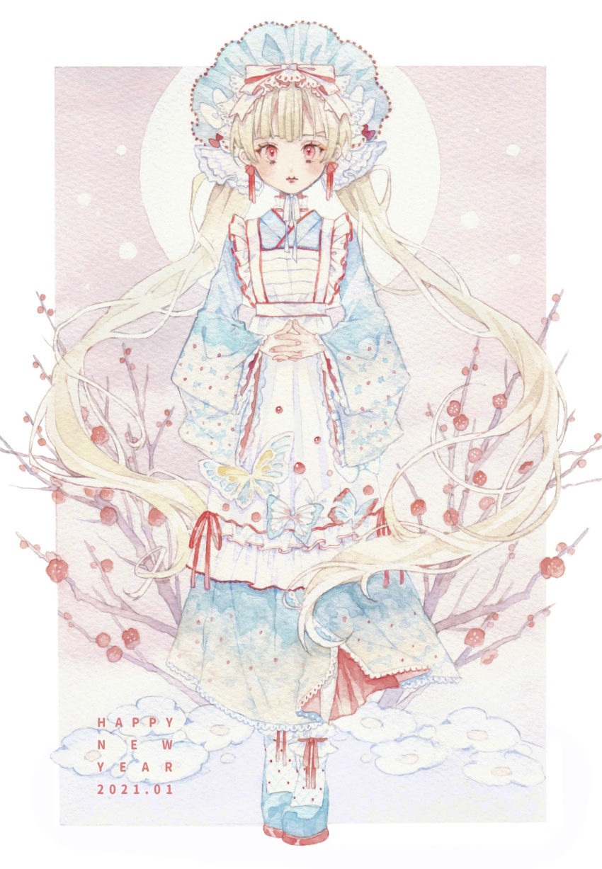 1girl, absurdres, adapted_costume, apron, bangs, blue_dress, blue_footwear, blue_headwear