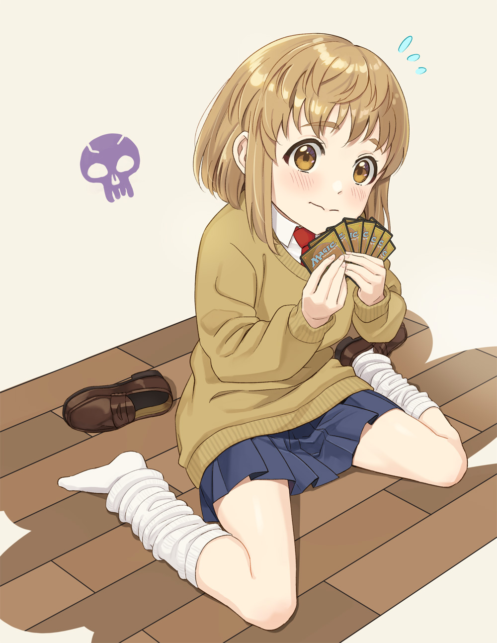 1girl, blue_skirt, blush, brown_footwear, card, closed_mouth, collared_shirt, highres, holding, holding_card, kneeling, light_brown_hair, magic:_the_gathering, mary_janes, necktie, oitsuki_(getsumen_diver), pleated_skirt, red_necktie, shirt, shoes, single_shoe, skirt, solo, subete_no_jinrui_wo_hakai_suru._sorera_wa_saisei_dekinai., suwabara_yakumo, sweater, tan_sweater, white_shirt, wooden_floor