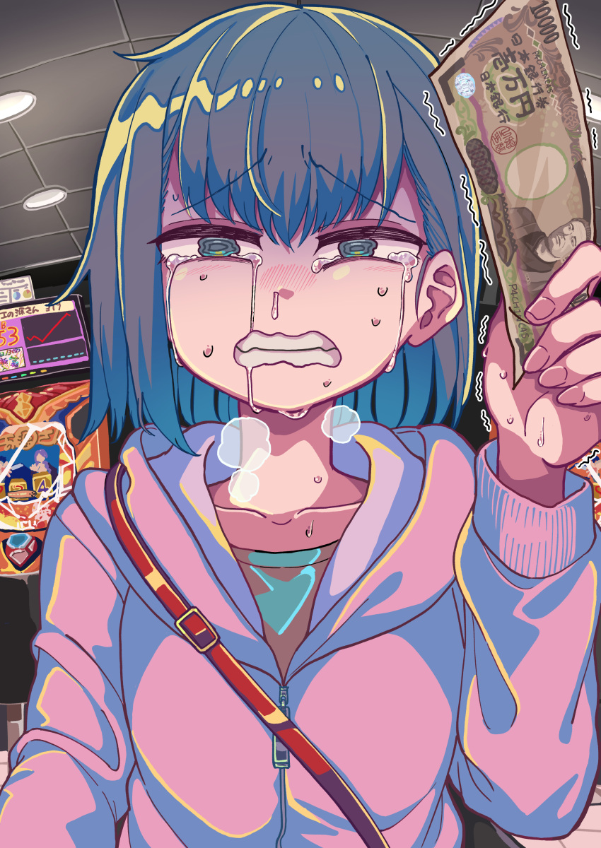 1girl, absurdres, aoi_kujira, black_hair, cardigan, ceiling, ceiling_light, clenched_teeth