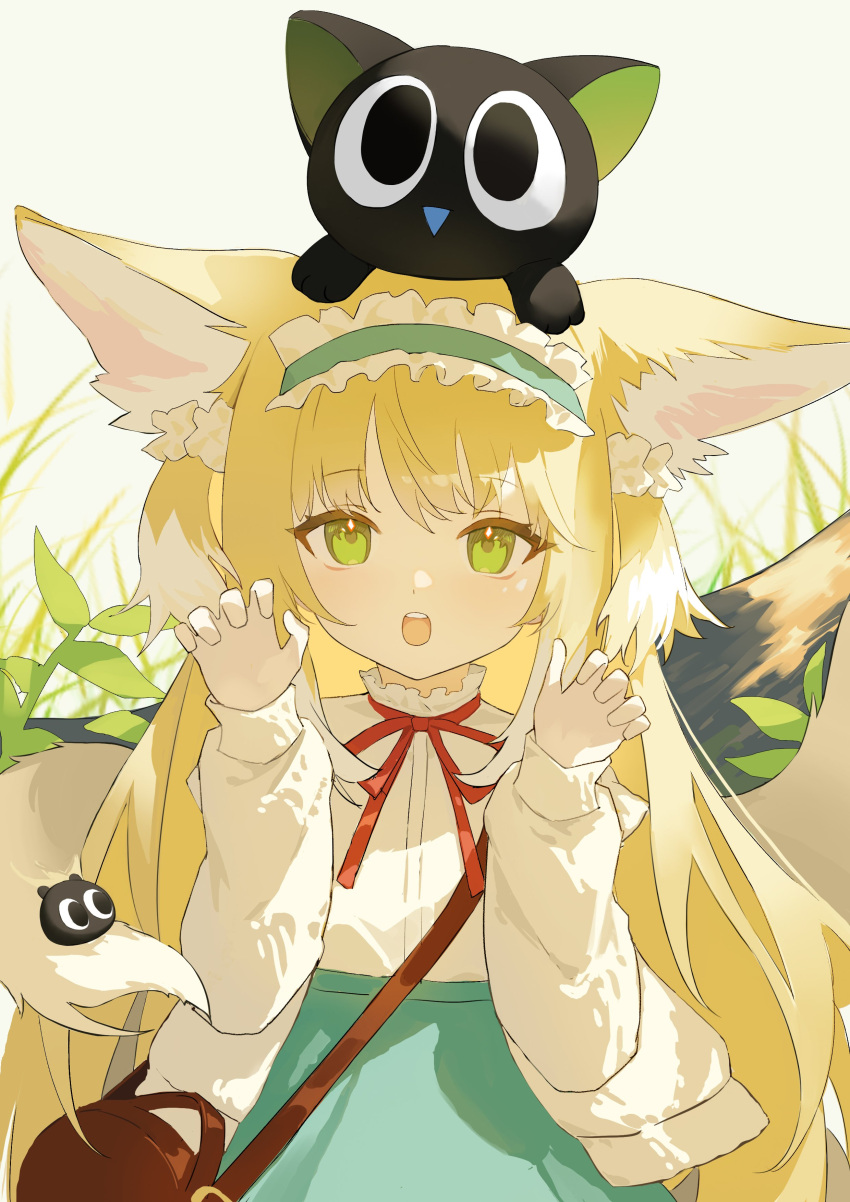 1girl, absurdres, animal_ear_fluff, animal_ears, animal_on_head, arknights, bag, black_cat