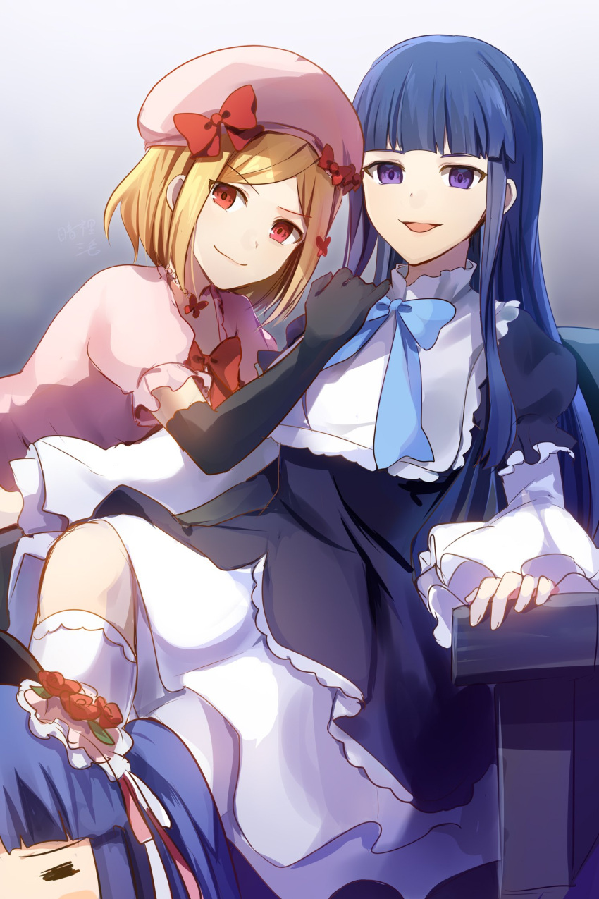 3girls, :d, anri_mike, black_dress, black_gloves, blonde_hair, blue_hair, bow
