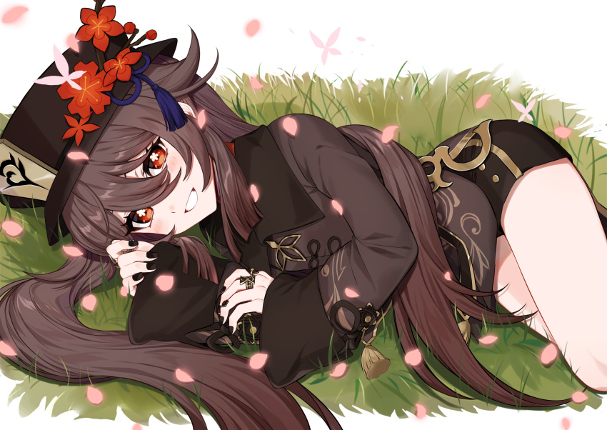 1girl, :d, absurdres, bangs, black_headwear, black_nails, black_shorts, breasts
