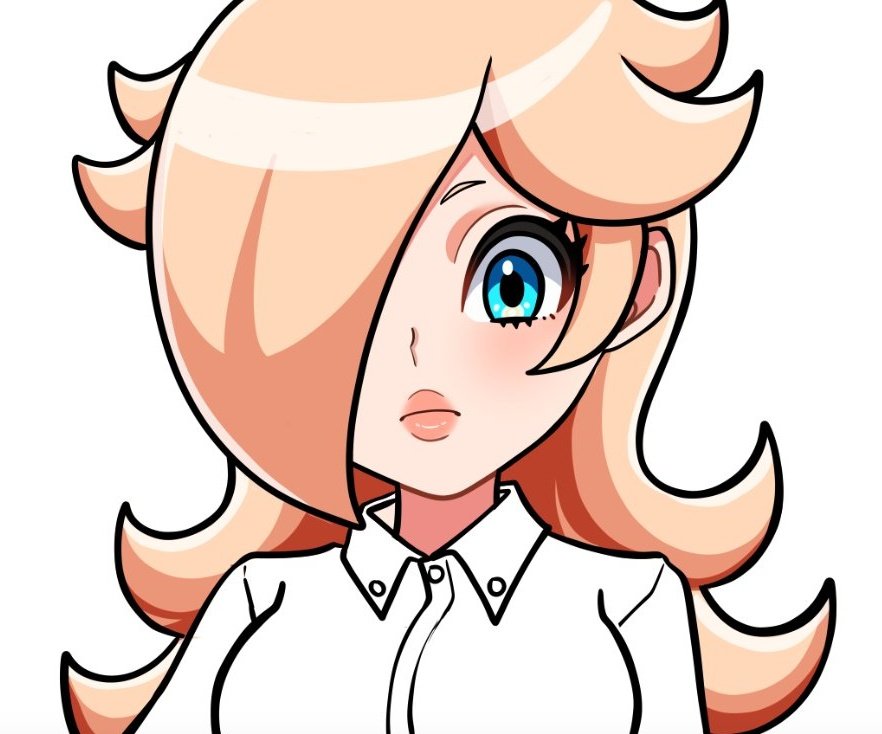 1girl, alternate_costume, bangs, blonde_hair, blue_eyes, closed_mouth, collared_shirt, expressionless, eyelashes, hair_over_one_eye, ishikoromaru_22, long_hair, looking_at_viewer, rosalina, shirt, solo, super_mario_bros., super_mario_galaxy, upper_body, white_background, white_shirt