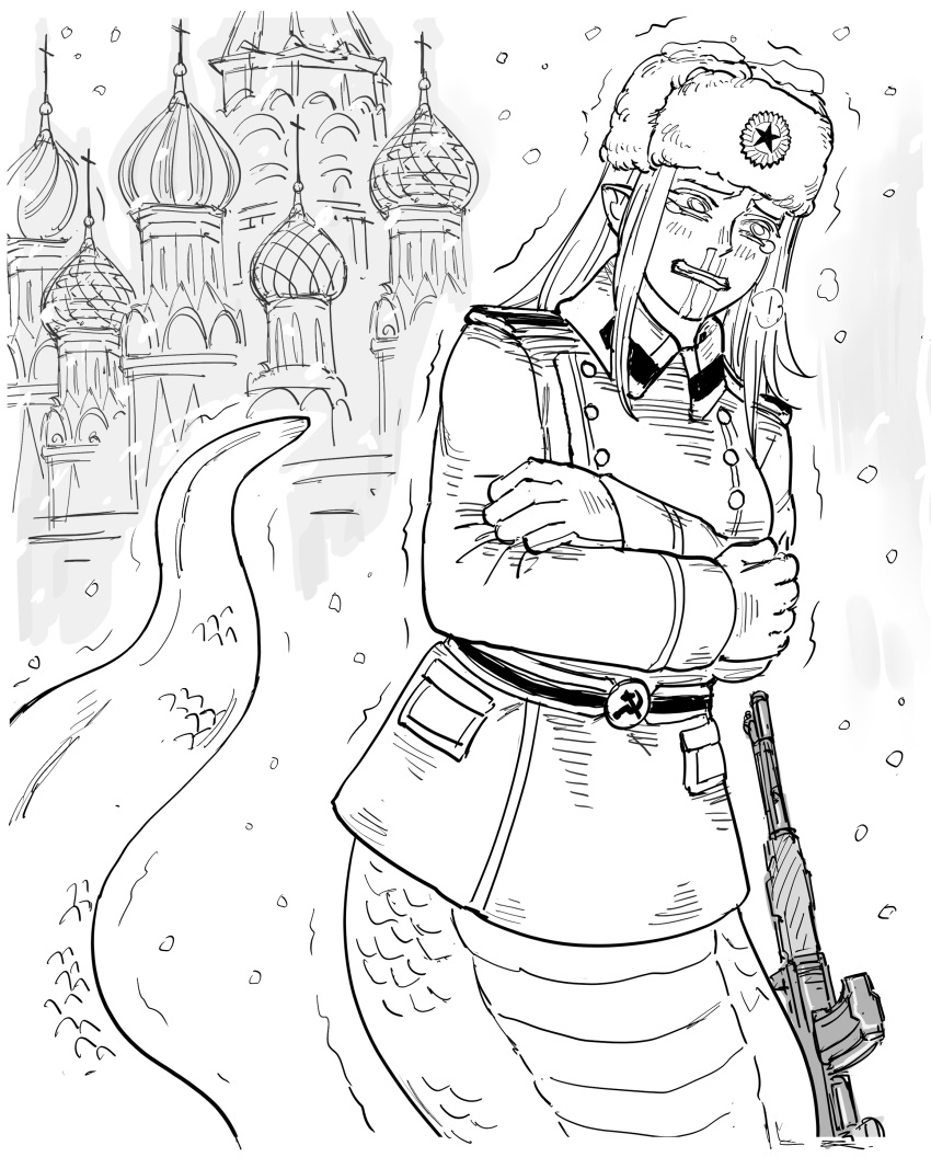 1girl, absurdres, bb_(baalbuddy), cold, english_commentary, fur_hat, gloves, greyscale