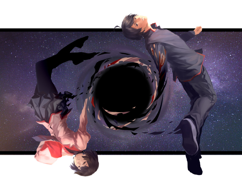 1boy, 1girl, ahoge, araragi_koyomi, bangs, bending_backward, black_background, black_eyes