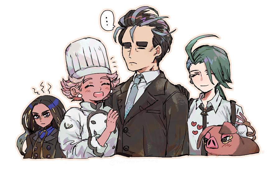..., 1boy, 3girls, ahoge, androgynous, black_gloves, black_hair, black_jacket