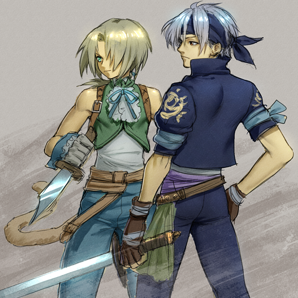 2boys, aqua_eyes, aqua_ribbon, arm_ribbon, bangs, bare_shoulders, belt, blonde_hair