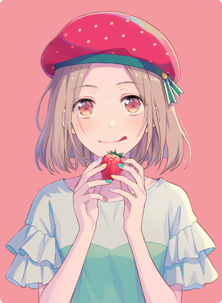 1girl, beret, brown_eyes, clip_studio_paint_(medium), dress, food, frilled_sleeves, frills