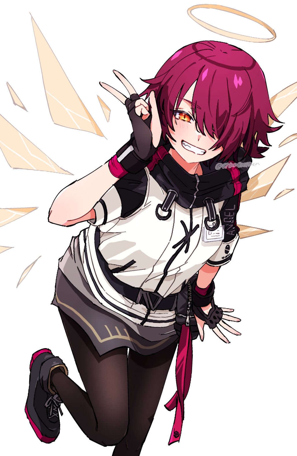 1girl, angel, arknights, black_pantyhose, citron80citron, detached_wings, energy_wings, exusiai_(arknights)